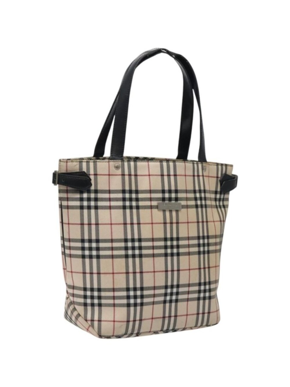 BURBERRY Nova Check Blue Label Tote Bag Canvas Beige Silver